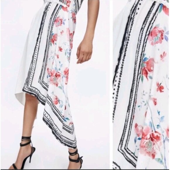 ZARA Combined Asymmetric Halter V-Neck Dress Rose Print Black/White/Red Sz S - Picture 10 of 10
